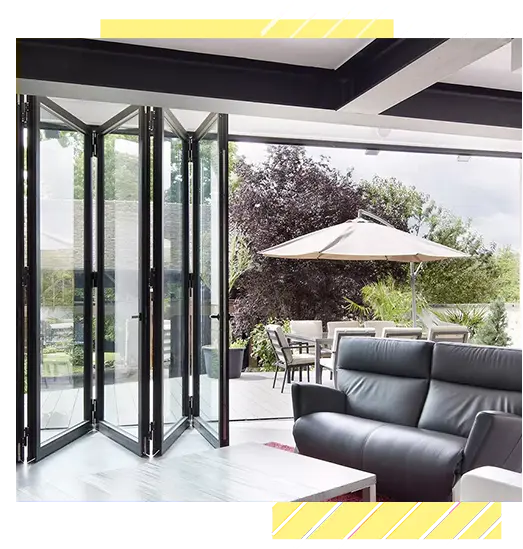 Accordion sliding glass door. 