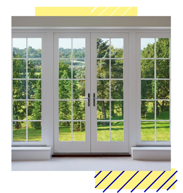 Accordion sliding glass door. 